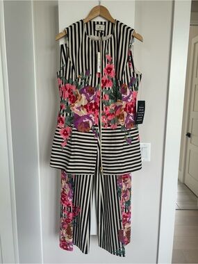 Tuckernuck Black & White Striped Floral Sleeveless pants and top